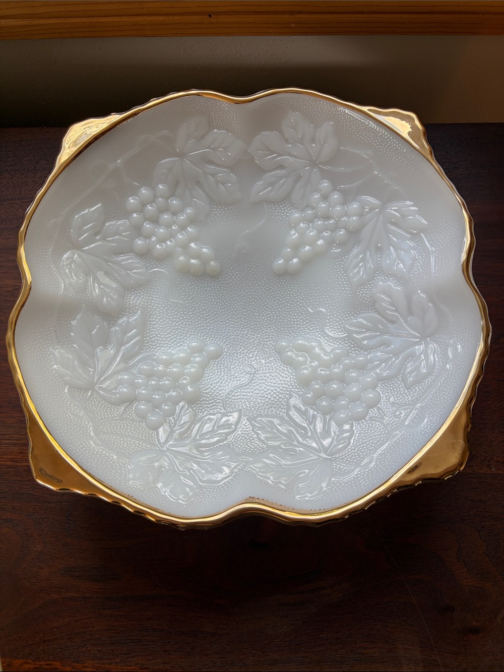 White Milk Glass Serving Bowl with Gold Trim - Elegant Grape Motif
